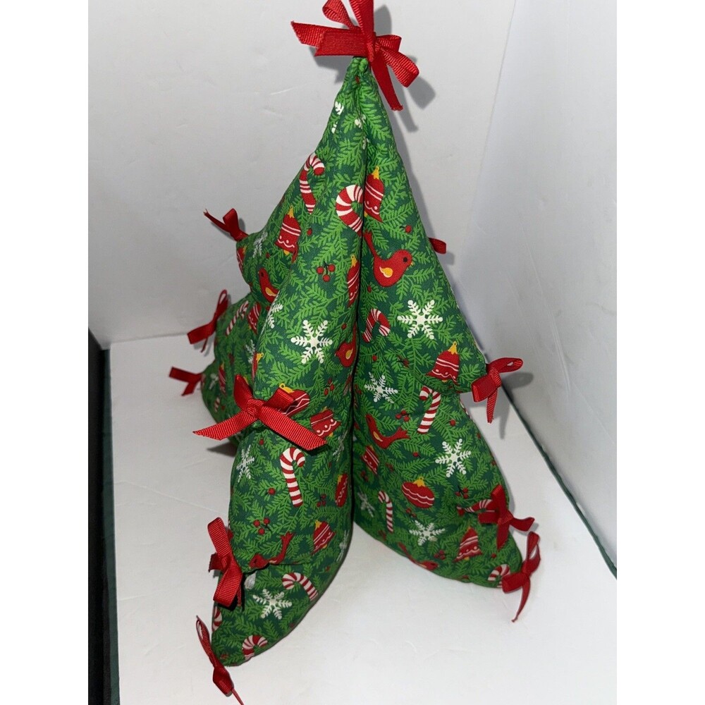 Large Vintage 3D Christmas Tree Stuffed Fabric Tabletop Plush Green Red Handmade